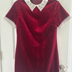 Elegant Red Velvet Mini Dress with Embellished Collar